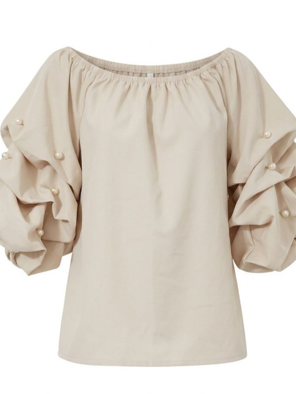 CeCe Off-Shoulder Beige Pearl-Embellished Balloon Sleeve Top Feminine Romantic